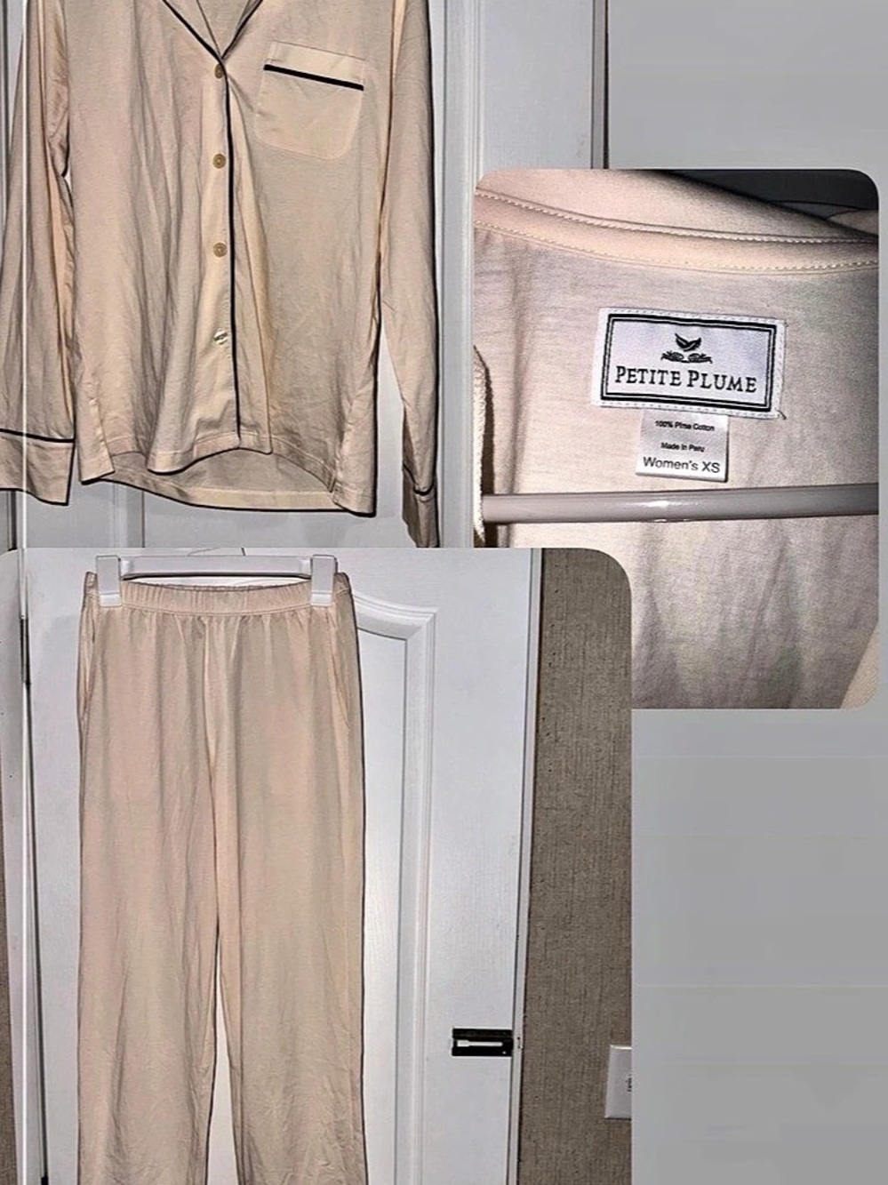 Petite Plume Women's Pima Pajama Set in beige with Brown  XS